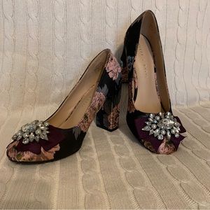 Kelly & Katie floral embroidered chunk heel with gemstone fronts
